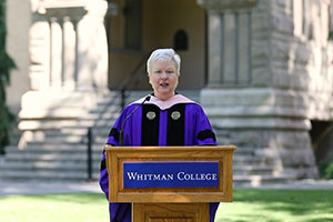 President Kathleen Murray gives her speech during a virtual commencement.