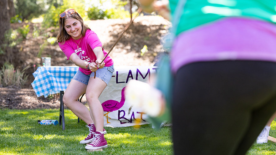 Whitman College student playing tug-a-war.
