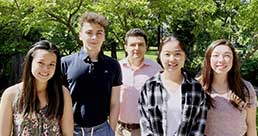 Mariel Garcia '21, Matt Evans '21, Prof. Pavel Blagov, Candice Chen '21, and Helen Maslen '21 outside Maxey Hall in the summer of 2019. The team has just recently designed a new project on self-defining memories and well-being in sexual minority individuals. 