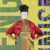 Collage: the figure of a Black woman in a defiant stance, with the face replaced by white paper. vertical letters in the background read "Ferengi Feminism," with bright patterns in yellow, green, and red