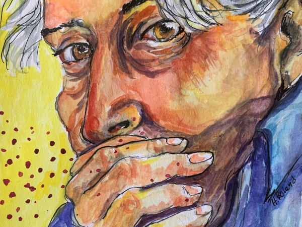 Watercolor of a person covering their mouth and coughing