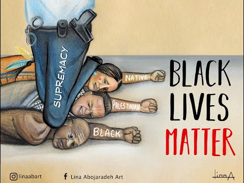 Illustration by Lina Abojaradeh of a uniformed police officer kneeling on the necks of three people with outstretched fists. Their forearms are labeled "Black," "Native," and "Palestinian."