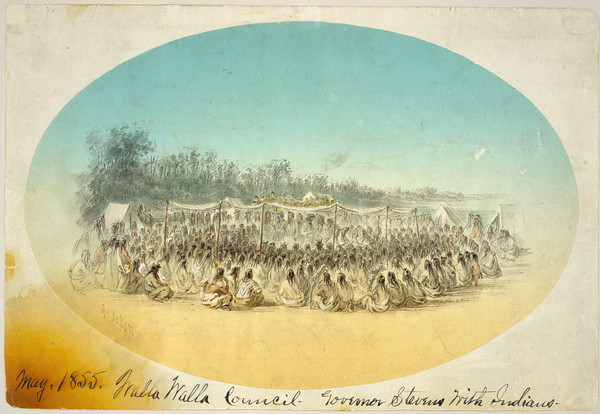 Watercolor illustration by Gustav Sohon of the Walla Walla treaty council, “Governor Stevens with Indians,” May 1855.