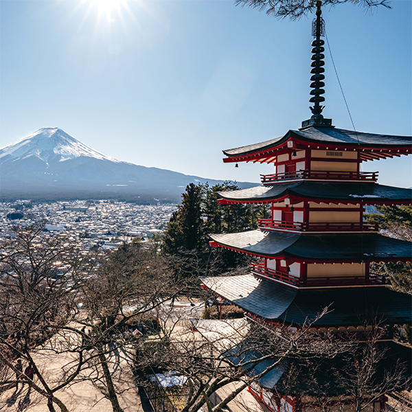 Mount Fuji and building.