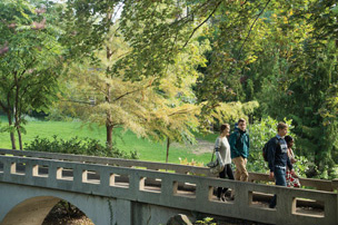 students walking on campus across a bridge