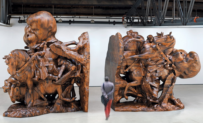 Paul McCarthy, "White Snow, Bookends" (installation view, 2013), black walnut, 2013, 144 x 139 x 79", courtesy the artist and Hauser & Wirth. Image credit: Genevieve Hanson.