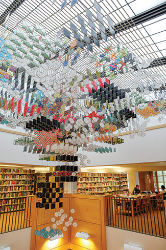 Jacob Hashimoto installation in Penrose Library atrium