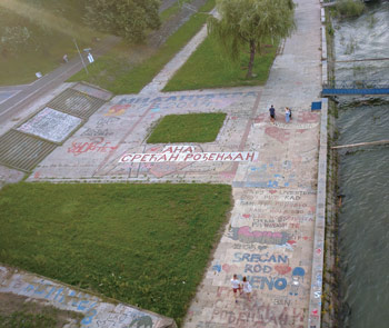 Spray-painted writings along the Sava River in Belgrade