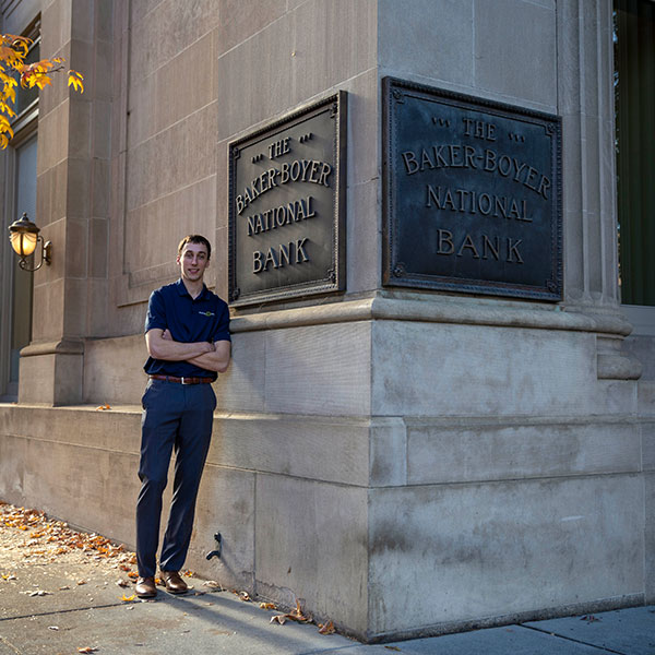 Sam Geschickter in front of the Boyer Bank