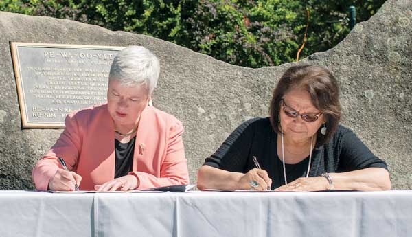 President Murray and Kathryn Brigham signing documents while sitting outdoors.