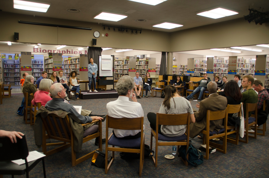 Whitman students and community members meet at the Walla Walla Public library to discuss "Teaching Justice: Civil Rights Education in Walla Walla Schools" on April 13.
