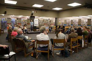 Whitman students and community members meet at the Walla Walla Public library to discuss "Teaching Justice: Civil Rights Education in Walla Walla Schools" on April 13.