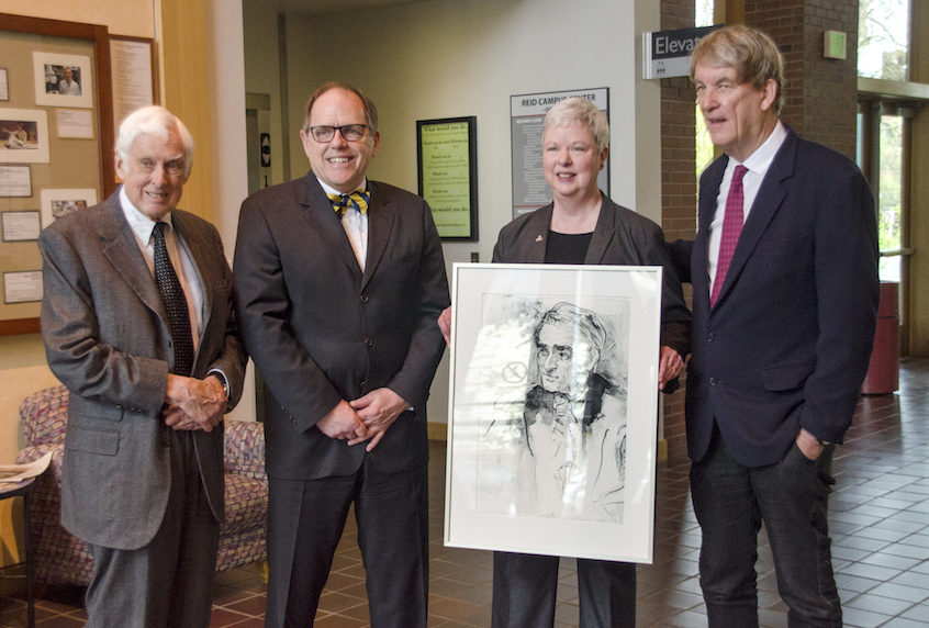 Whitman President Kathleen Murray holds a sketch of Reid. Flanking her from left to right: Whitman Presidents Emeritus Skotheim, George Bridges and Tom Cronin.