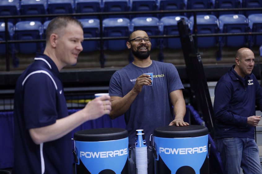 Bridgeland (left) and Assistant Coach Stephen Garnett (center) share a light moment between workouts, as Scott Shields, assistant athletics director of athletics for NCAA Division III compliance at Whitman, looks on.