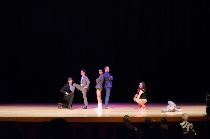 From left: Bayard Blair '18 (interdisciplinary), Gary Ho '18 (economics), Ricardo Vivanco '18 (economics-mathematics), Osborn, Dan Lovato '18 (theatre) and Gladhill strike a pose after the fashion portion of the competition. 