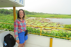 Nina Finley views Victorian water lilies from aboard a boat in Brazil's Paraguay River, the primary waterway of the world's largest inland wetland, in September 2017. 
