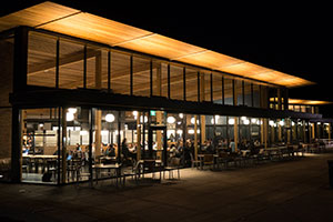 An exterior shot of Cleveland Commons at night.