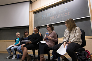 Student panelists discuss their experiences in the "Socioeconomic Status at Whitman: Understanding SES and the Experiences of First Generation and/or Working Class Students" workshop during the 2019 Power and Privilege Symposium.