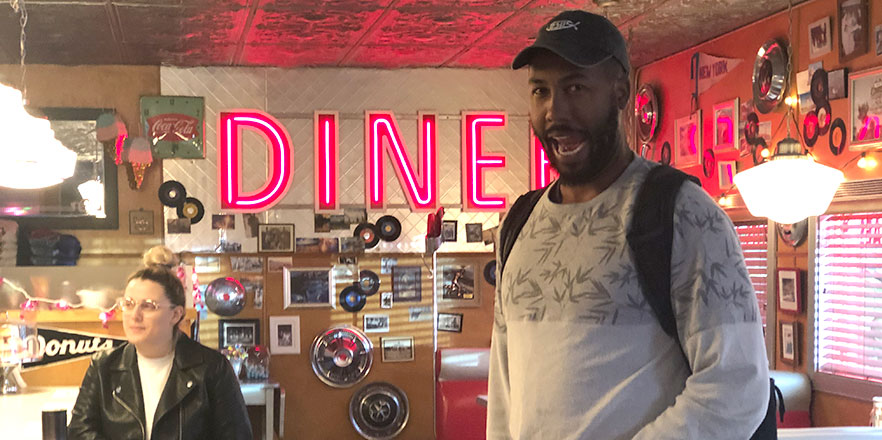 Evan Martin ’16 in Pop’s Diner on the set of “Riverdale” in Vancouver, British Columbia.