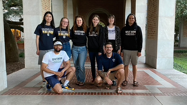 Undebatable winners: The Debate and Forensics team representing Whitman at Rice University in September 2022. Back, left to right: Jas Liu, Kasey Moulton, Heidi Adolphsen, Ilse Spiropoulos, Alexa Grechiskin, Kyle Mathy. Front, left to right: Assistant Director of Debate Kiefer Storrer and Director of Debate and Forensics Baker Weilert.
