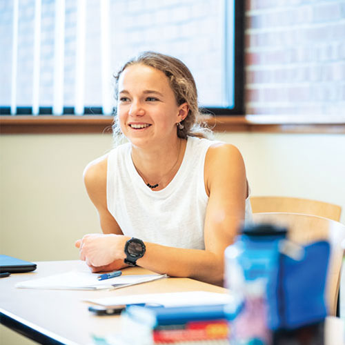 Caption: Whitney Rich ’20 served as a student consultant in Associate Professor Nico Parmley’s medical translation course this spring. (Photo by Aaron Grubb)