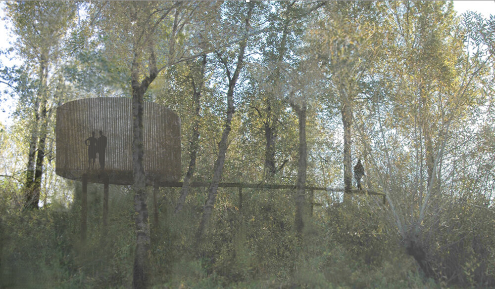 Artist rendering of bird blind at Sandy River Delta, Oregon, Maya Lin Studio, n.d.
