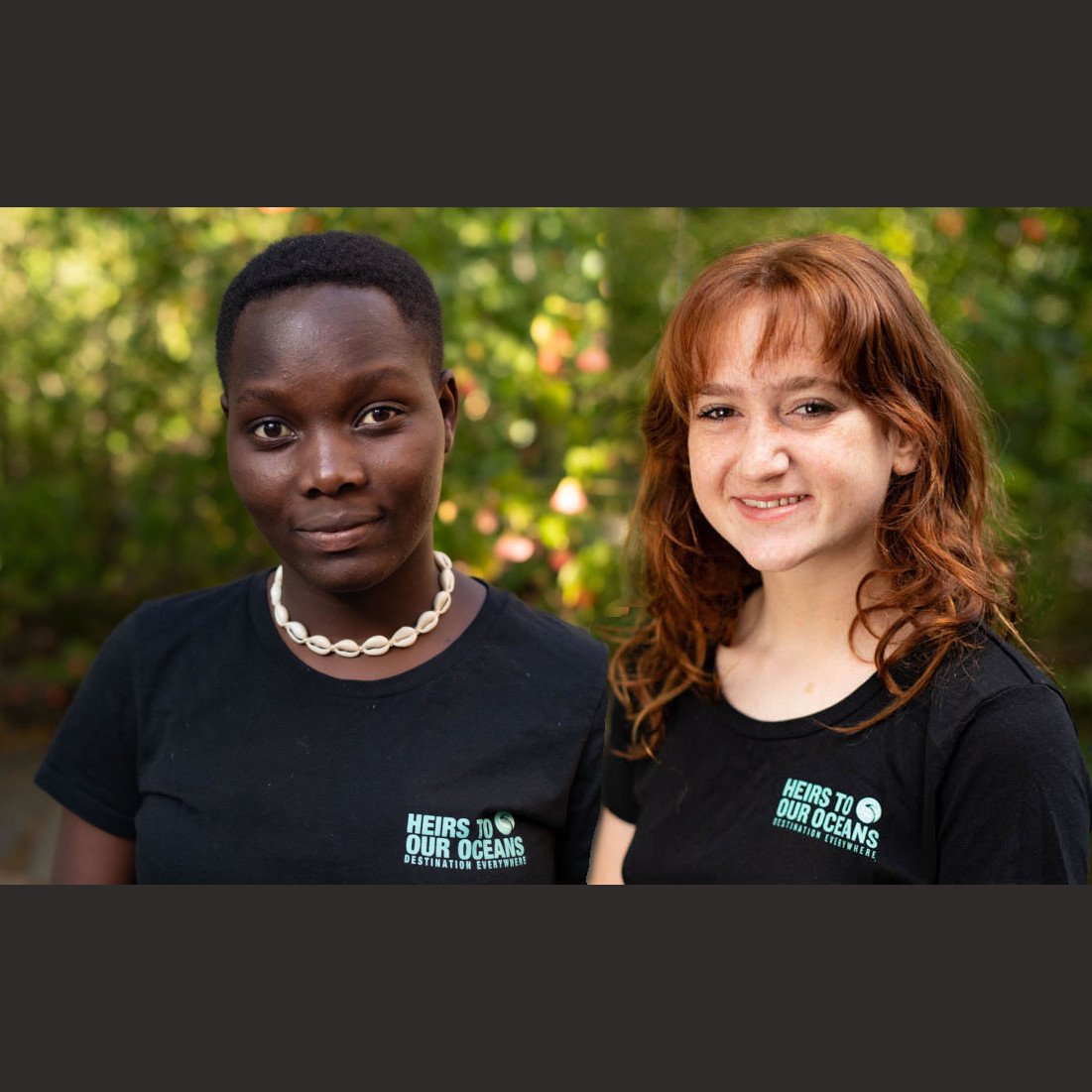 Two young activists wearing matching T-shirts that say "Heirs to Our Oceans," facing the camera in front of a leafy background
