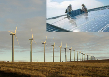 A photo of solar panels, superimposed on a photo of windmills