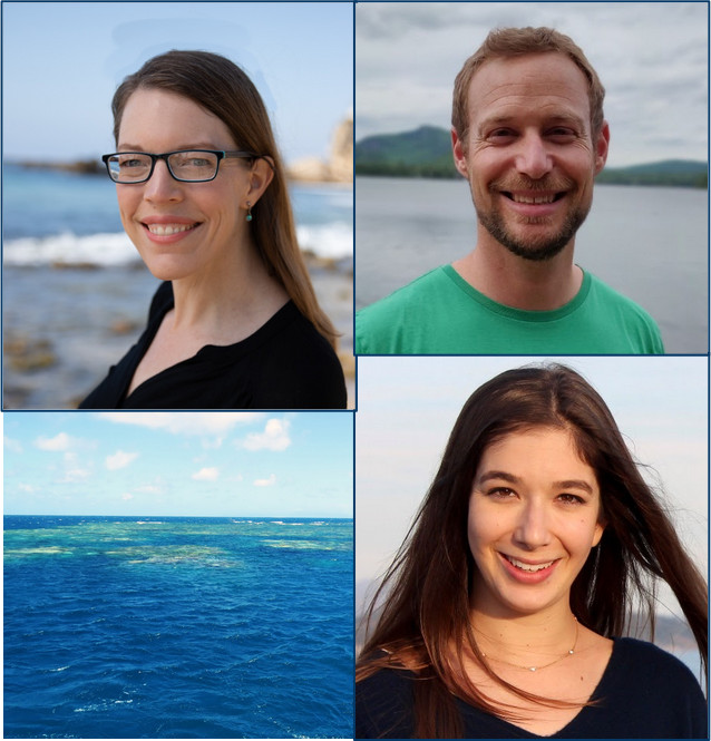 Three smiling scientists and a view of the ocean