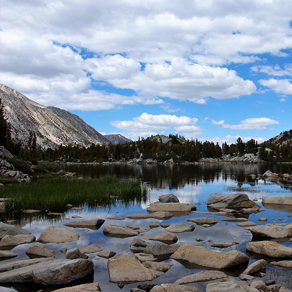 Lake with mountain range.