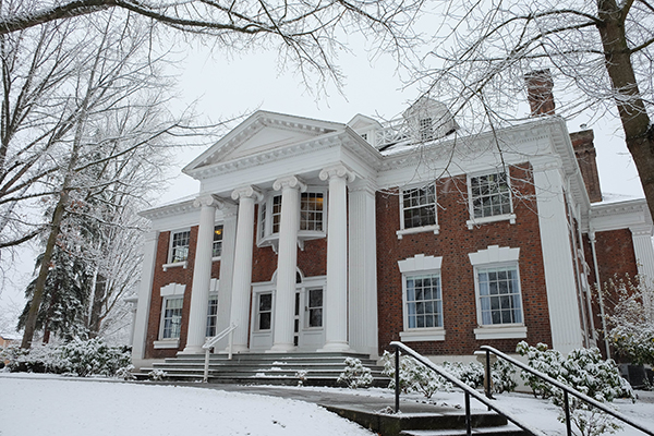 Memorial building with snow.