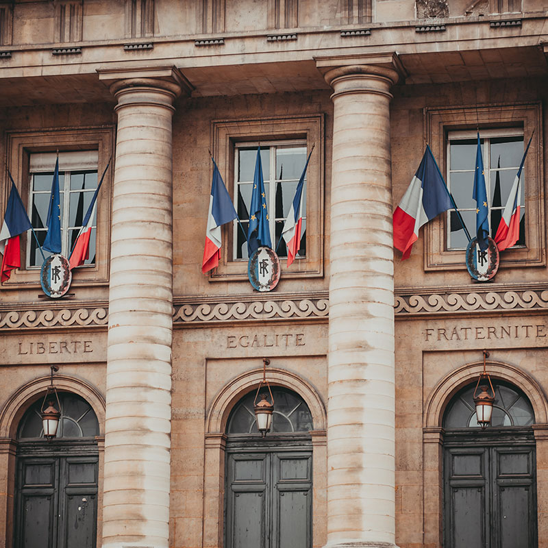 Building with French flags.