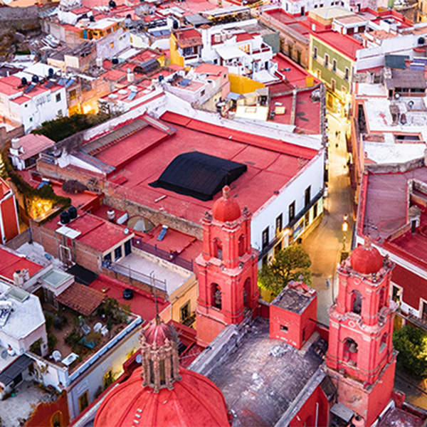 Colorful roof tops in a crowded city.