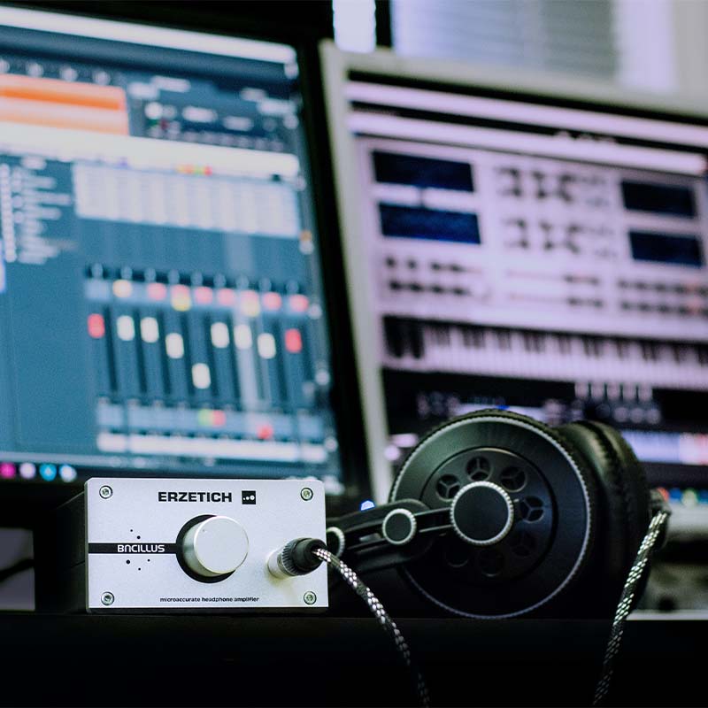 Audio studio with monitors and headphones