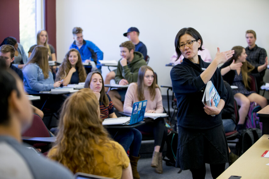 Professor and Associate Dean for Faculty Development Helen Kim teaches a sociology course.