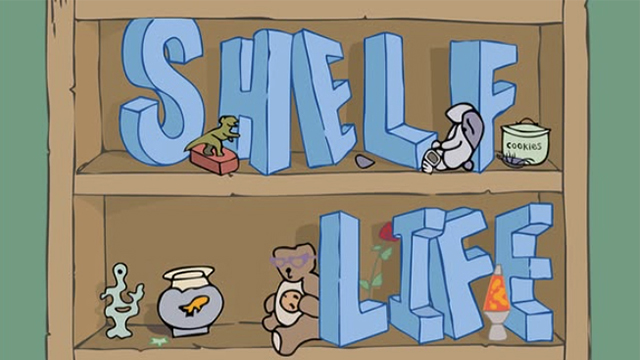 An illustration of a book shelf with various knickknacks and text: “Shelf Life, A Senior Art Exhibition in 3 Parts, Maxey, Sheehan, Fouts, 2025”