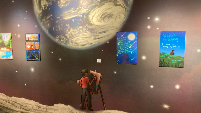 An illustration of a young person at an artist’s easel, looking at the Earth, from space.