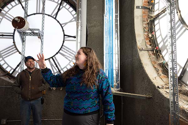 Zoe Perkins inside the clock tower