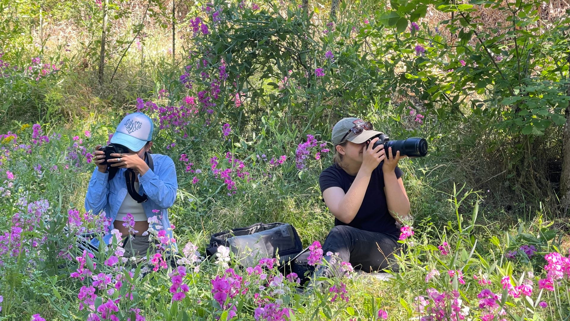 Rachel Haughton and coworker taking pictures in a field.