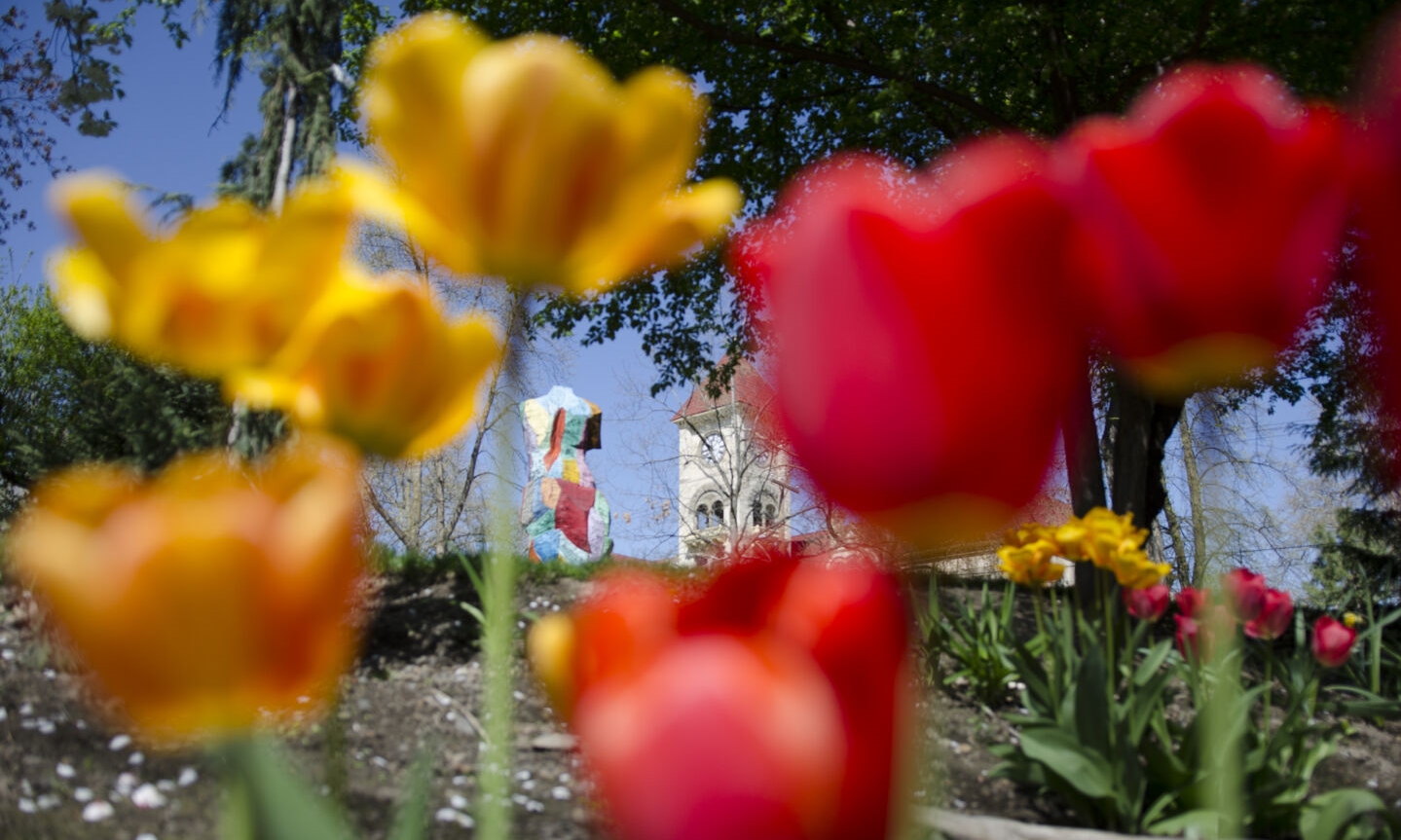 Memorial Building and Carnival statue amongst the flowers