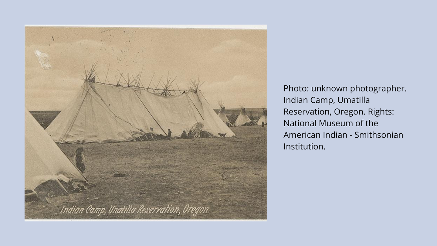 Undated historical photo of a Long Tent at a Umatilla Indian Camp