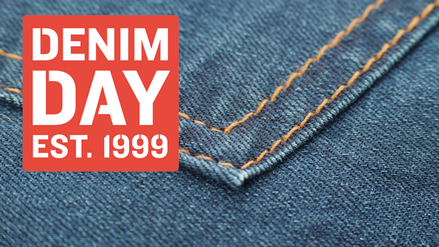 "Denim Day Est. 1999" in white text on a red square with a denim background.