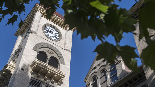 The clock tower of Memorial Building on Whitman College campus.