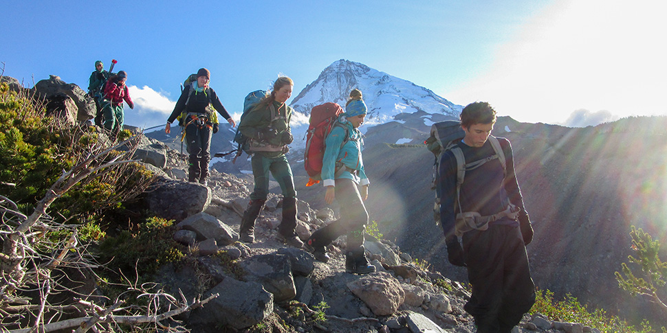 Group of Whitman student backpacking in the mountains.