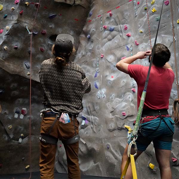 Rock climbers looking up at a wall.