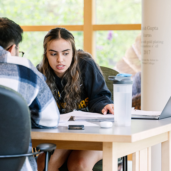 Whitman College students collaborating and looking at a computer