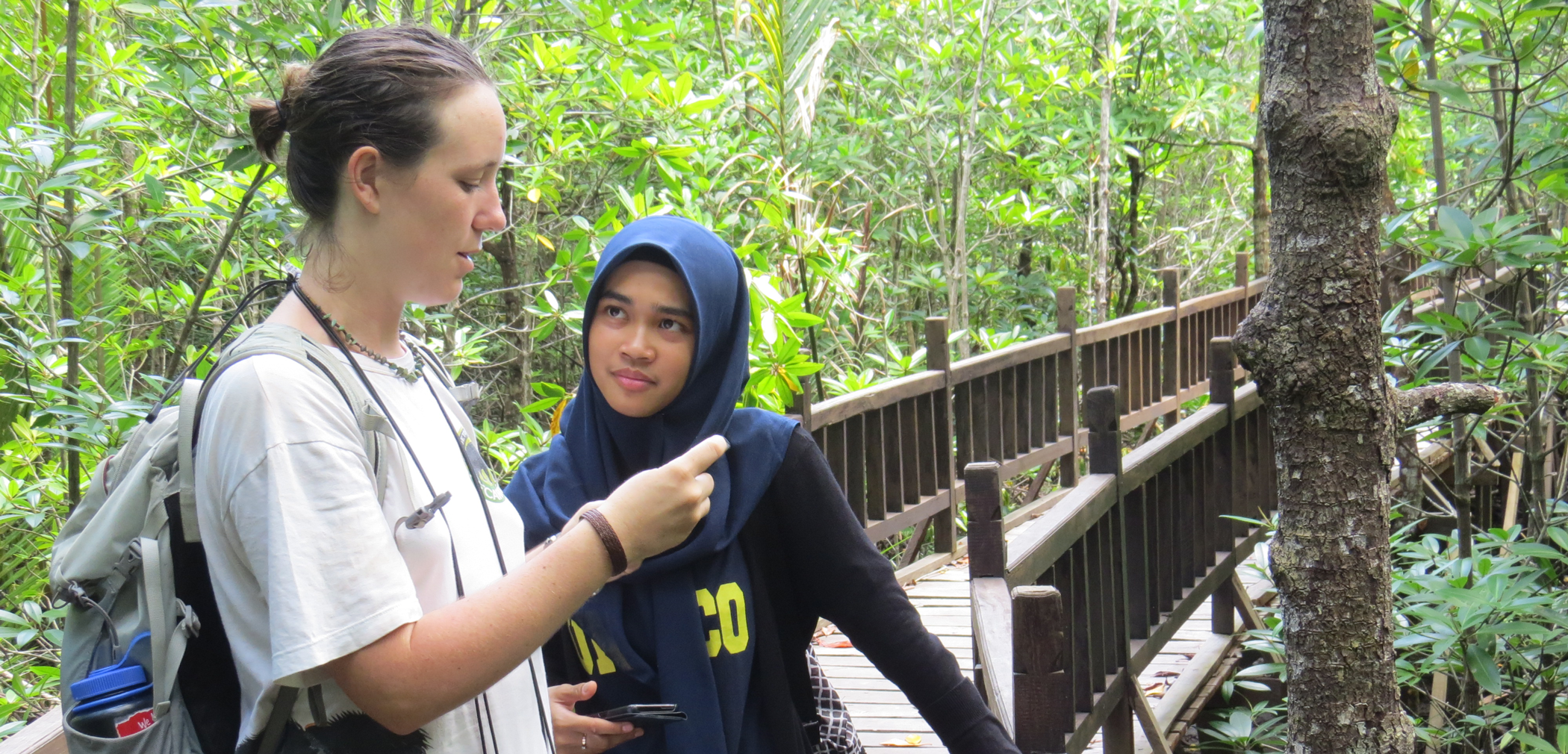 Nina Finley speaks with a student in Jakarta