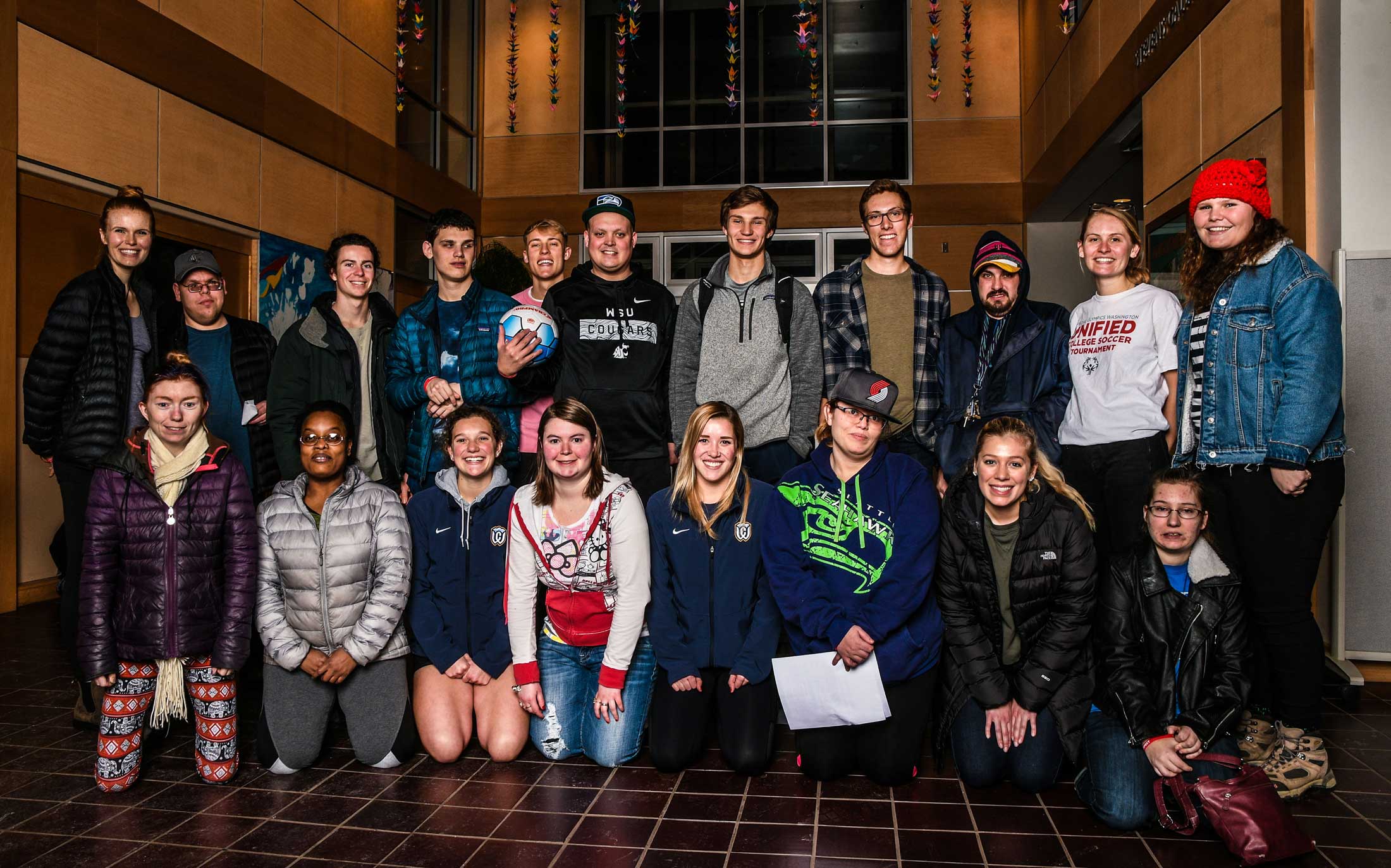 Members of the unified Special Olympics soccer team owith Leah Shaffner.