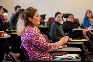 Whitman College student Jessica Boyers discuss a subject with her peers