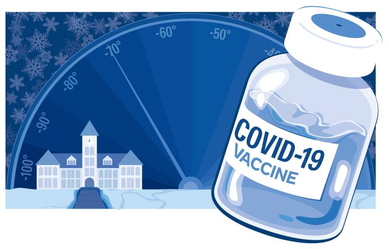 Graphic of COVID-19 vaccine bottle and Whitman's campus